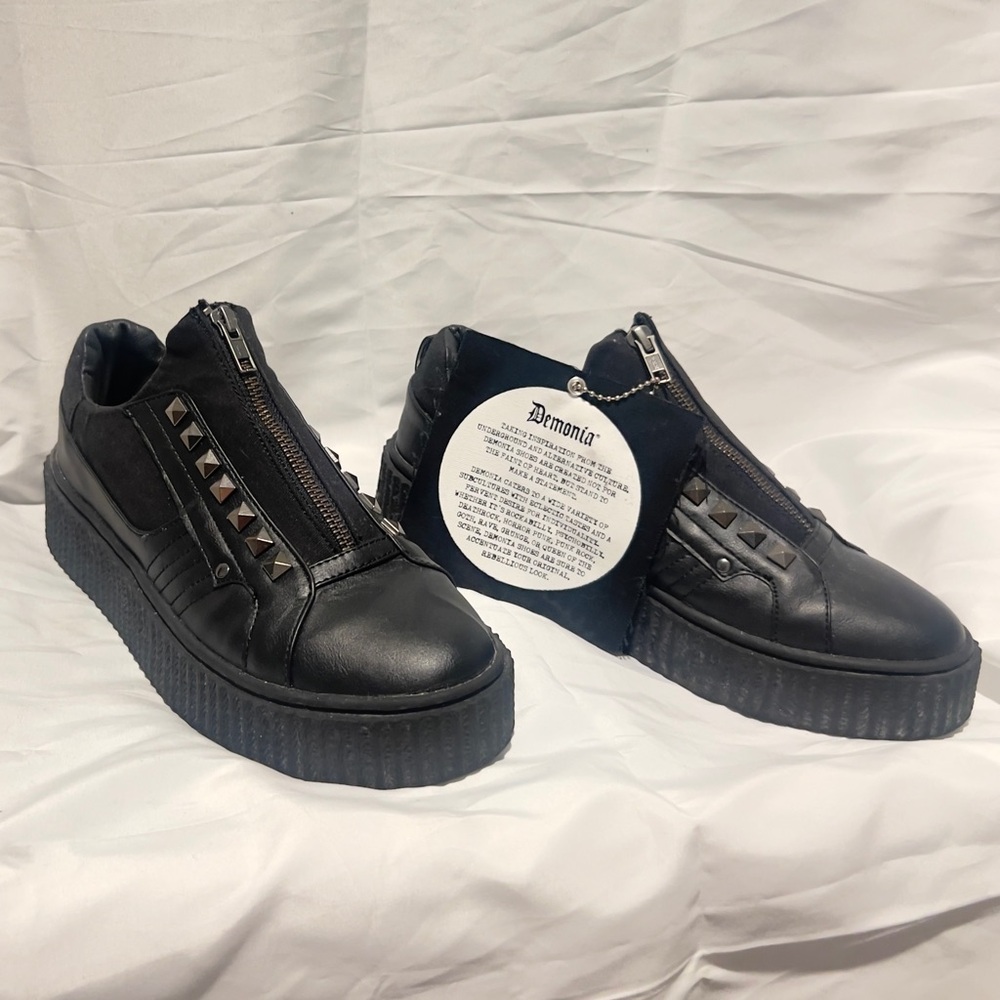 Demonia Black Platform Sneakers Unisex Zipper Rivets Slip On